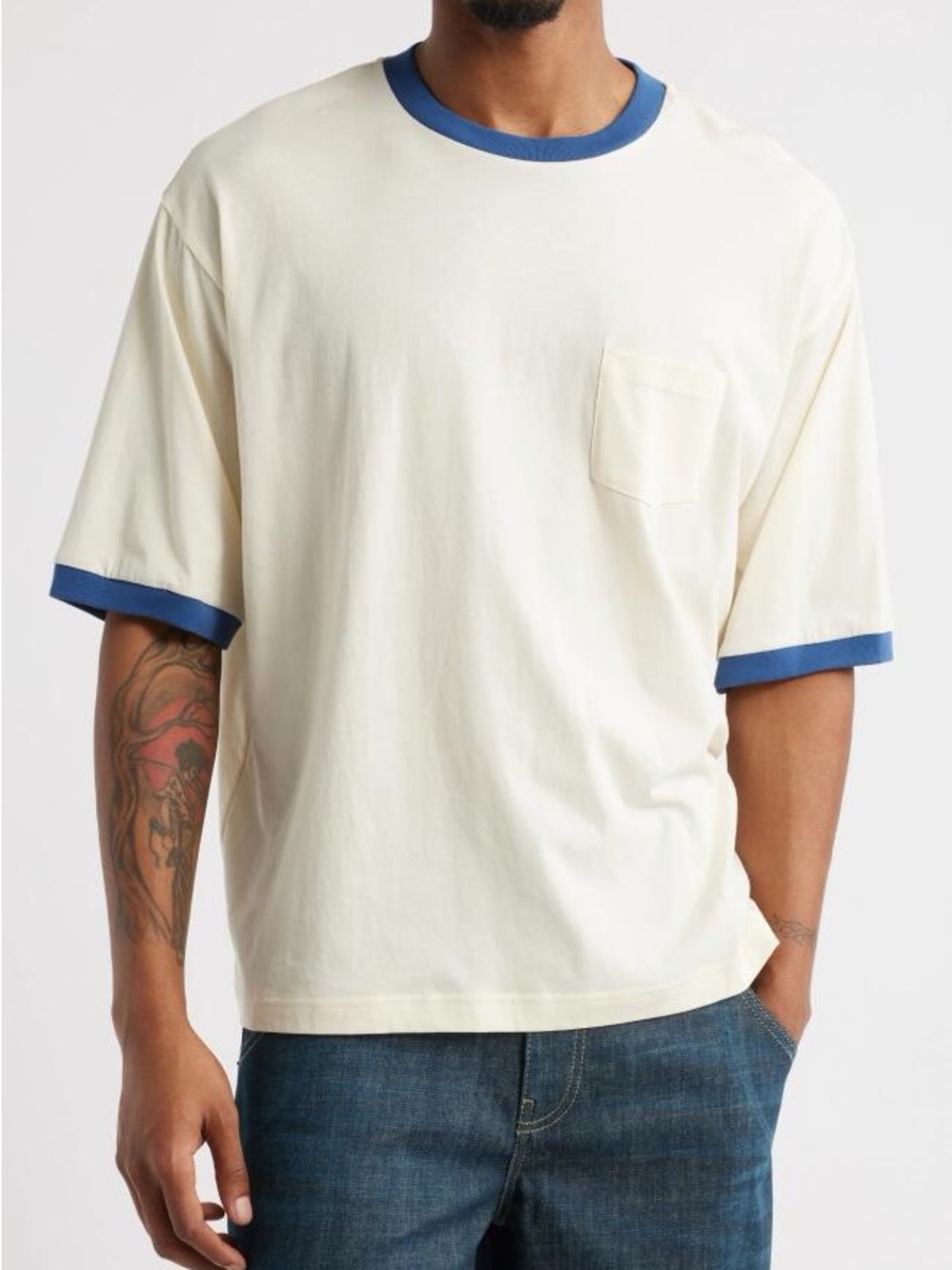 Men's Cream Short-Sleeve Ringer Tee with Blue Trim